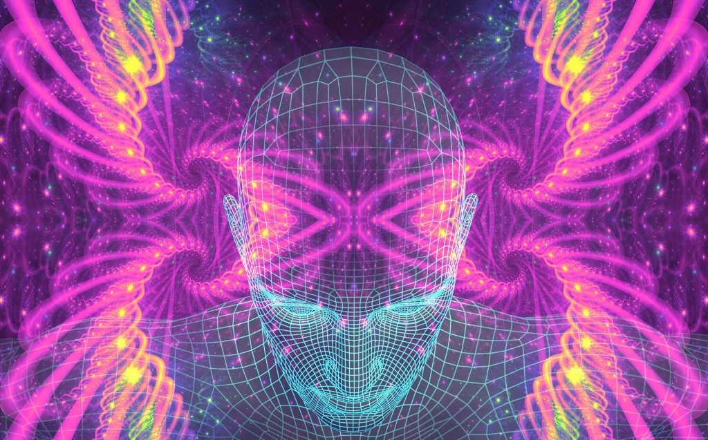 A wireframe human head surrounded by vibrant pink and purple swirling patterns and cosmic elements.