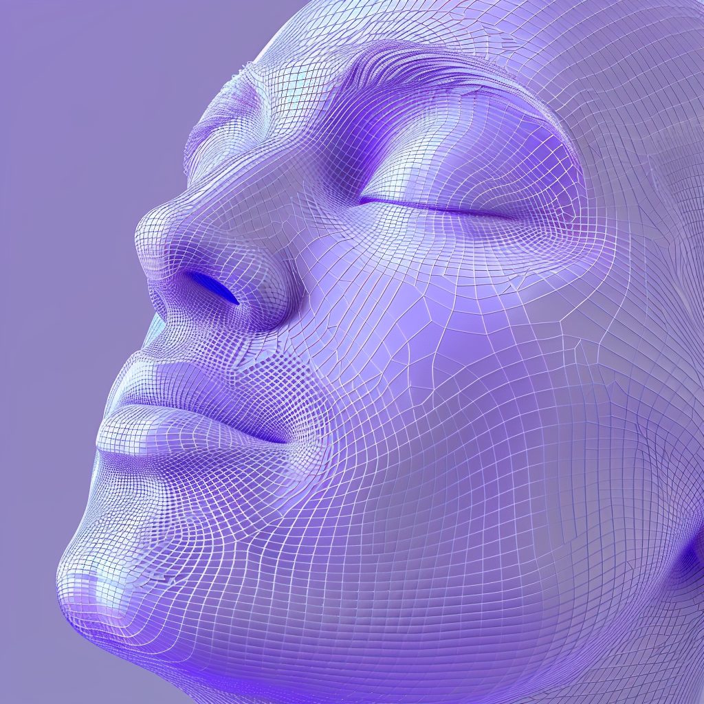 3D wireframe model of a serene human face, illuminated with soft purple light, eyes closed in a tranquil expression.
