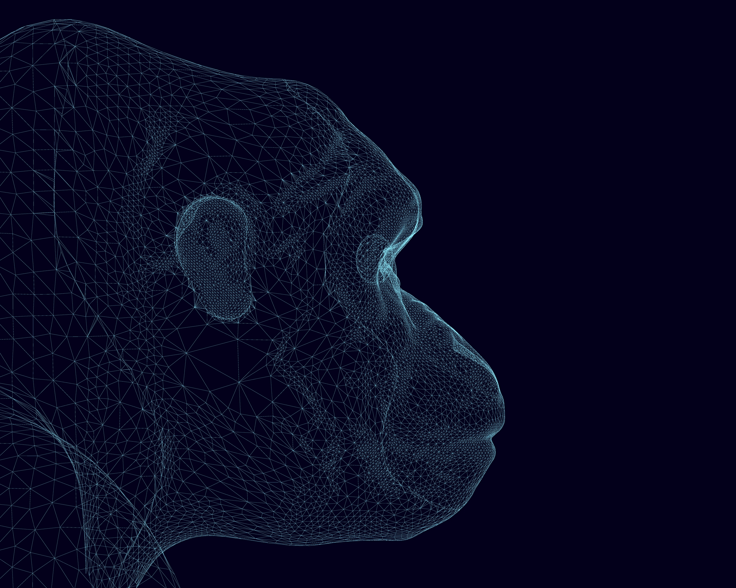 Wireframe rendering of a gorilla's head in profile, showcasing intricate geometric lines against a dark background.