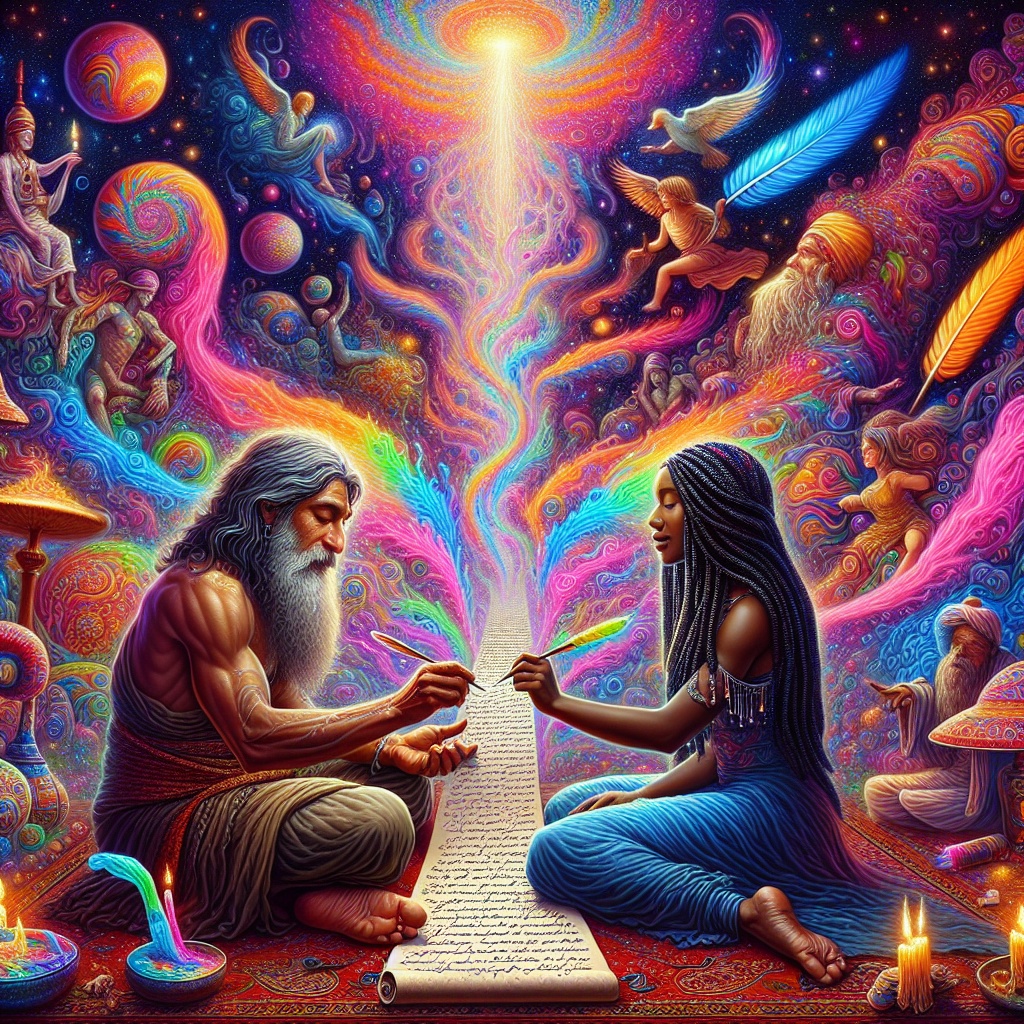A wise man and a woman share a cosmic connection, surrounded by vibrant colors, celestial beings, and swirling energies.
