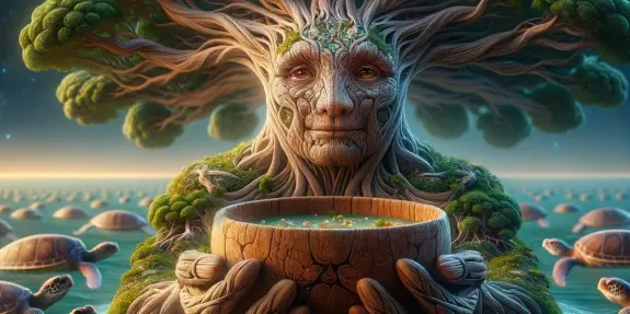 A wise tree spirit with a textured face holds a wooden bowl, surrounded by lush greenery and distant turtles in water.