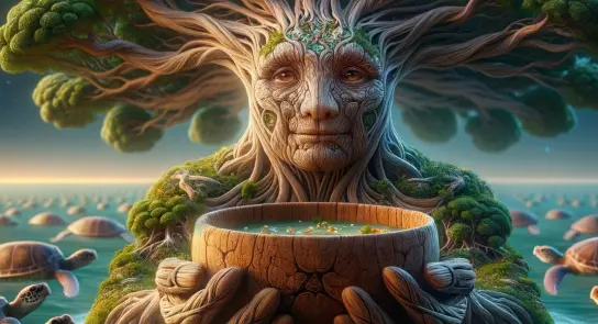 A wise tree spirit with a textured face holds a wooden bowl, surrounded by lush greenery and distant turtles in water.
