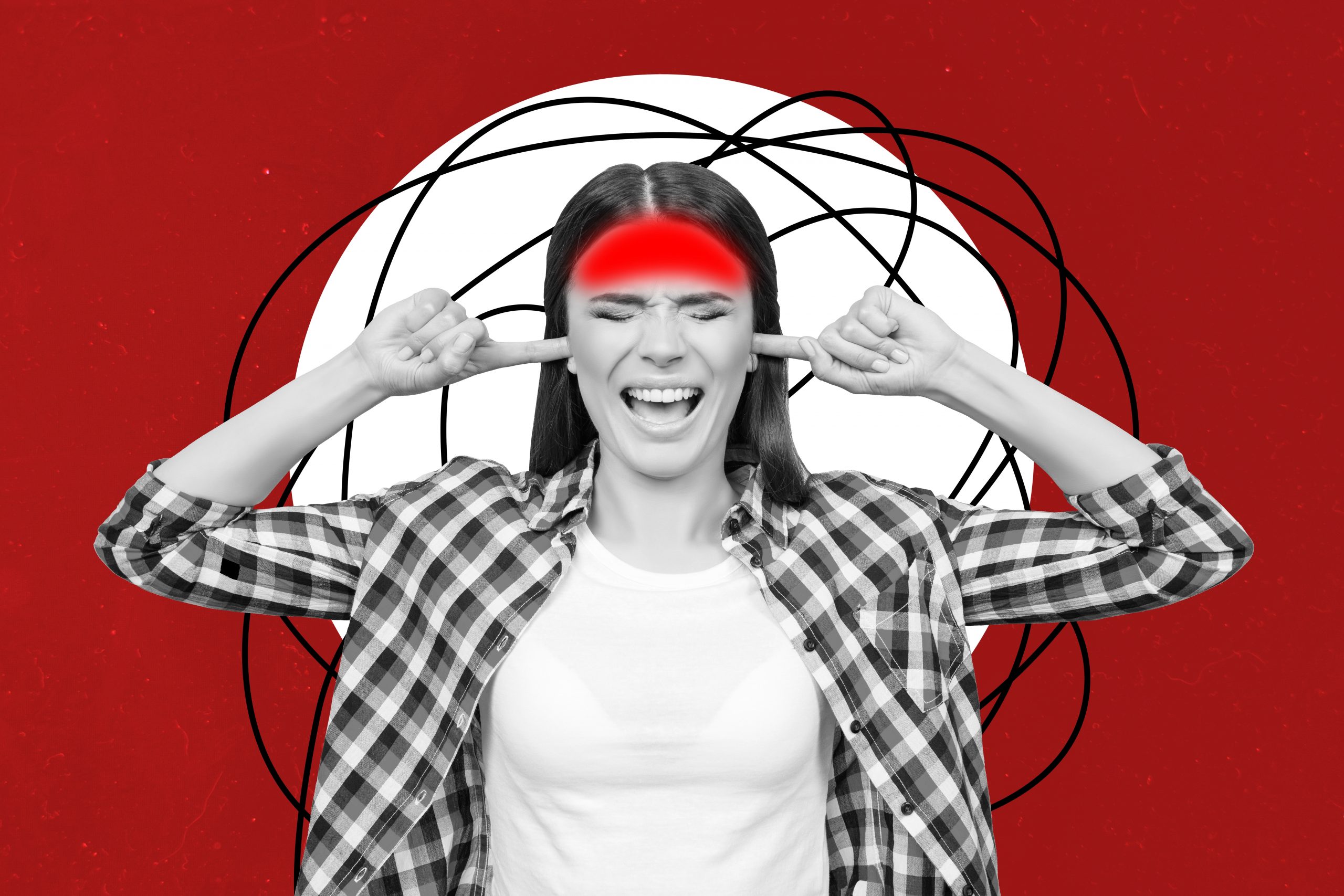 Woman in a checkered shirt covers her ears, grimacing against a chaotic red and black background.
