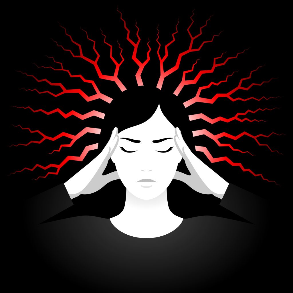 A woman with closed eyes and hands on her temples, surrounded by jagged red lines radiating outward, symbolizing stress.