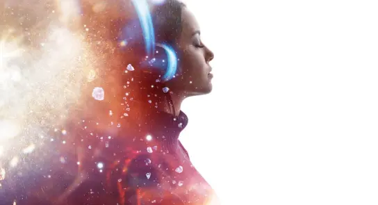 A woman with headphones, eyes closed, surrounded by a colorful, cosmic background of light and sparkling elements.