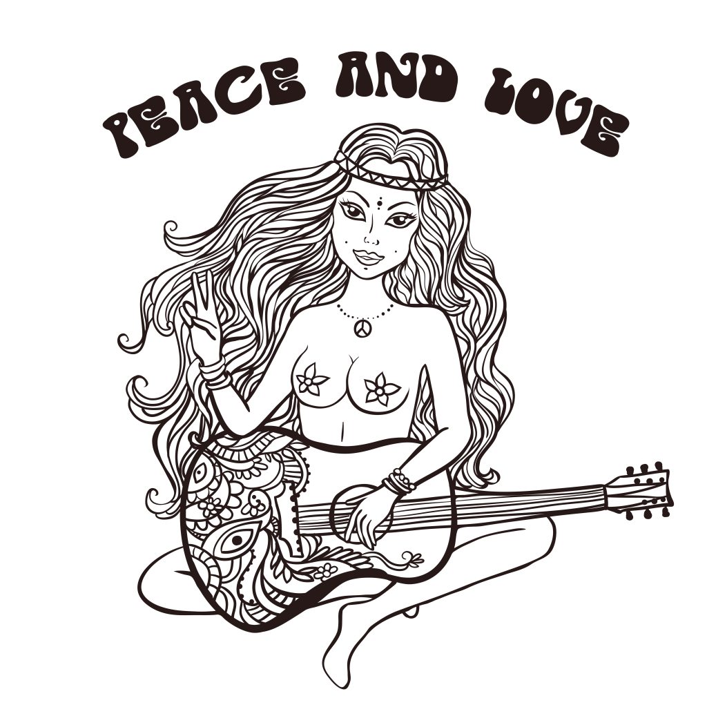 A woman with long hair, peace sign, and floral tattoos sits with a decorated guitar, surrounded by "Peace and Love" text.