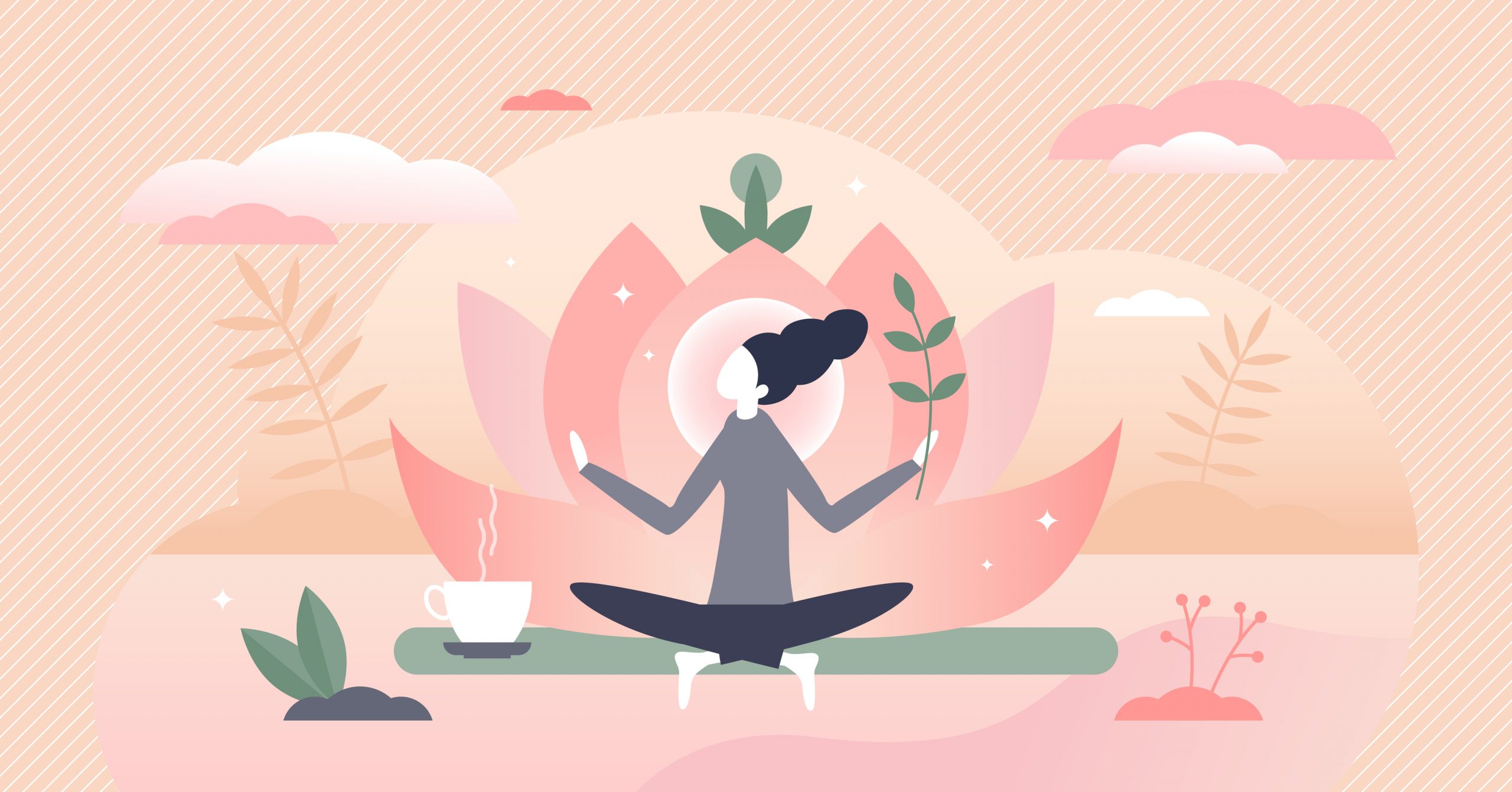 A woman meditates in front of a large lotus flower, holding a plant, with soft clouds and pastel colors in the background.