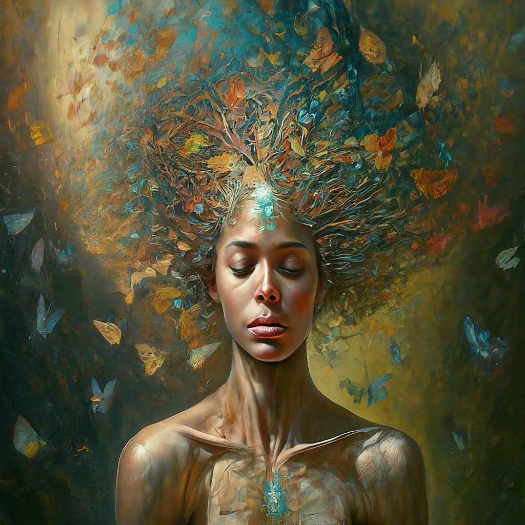 A woman with a serene expression, her hair transformed into a vibrant canopy of leaves and butterflies.