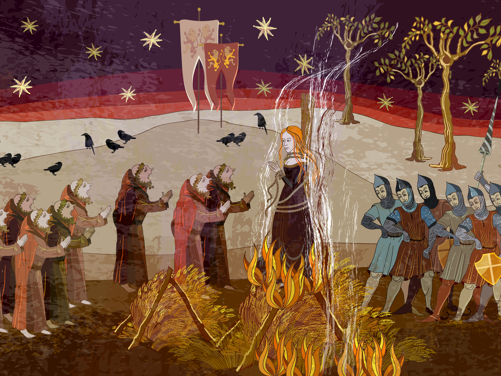 A woman stands bound amidst flames, surrounded by onlookers in medieval attire, under a starry sky.