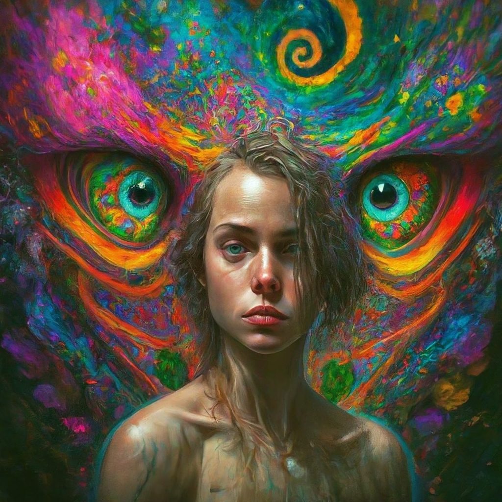 A woman with tousled hair stands against a vibrant, swirling background featuring large, colorful eyes.