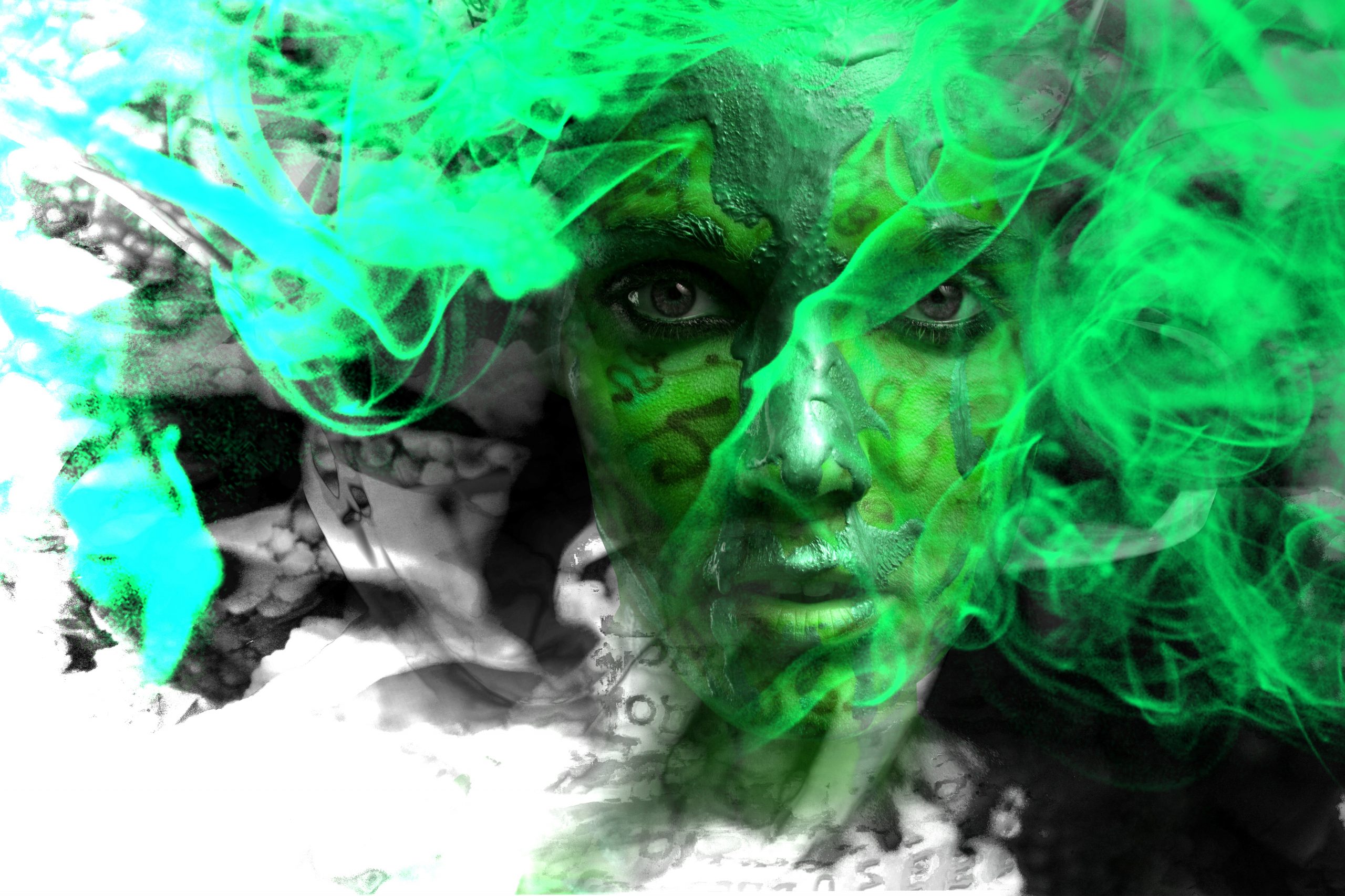 A woman's face partially obscured by green smoke, with intricate patterns and textures blending into the background.