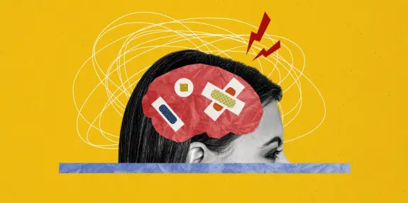 A woman's profile with a colorful brain illustration, depicting chaos and stress with red lightning bolts against a yellow...