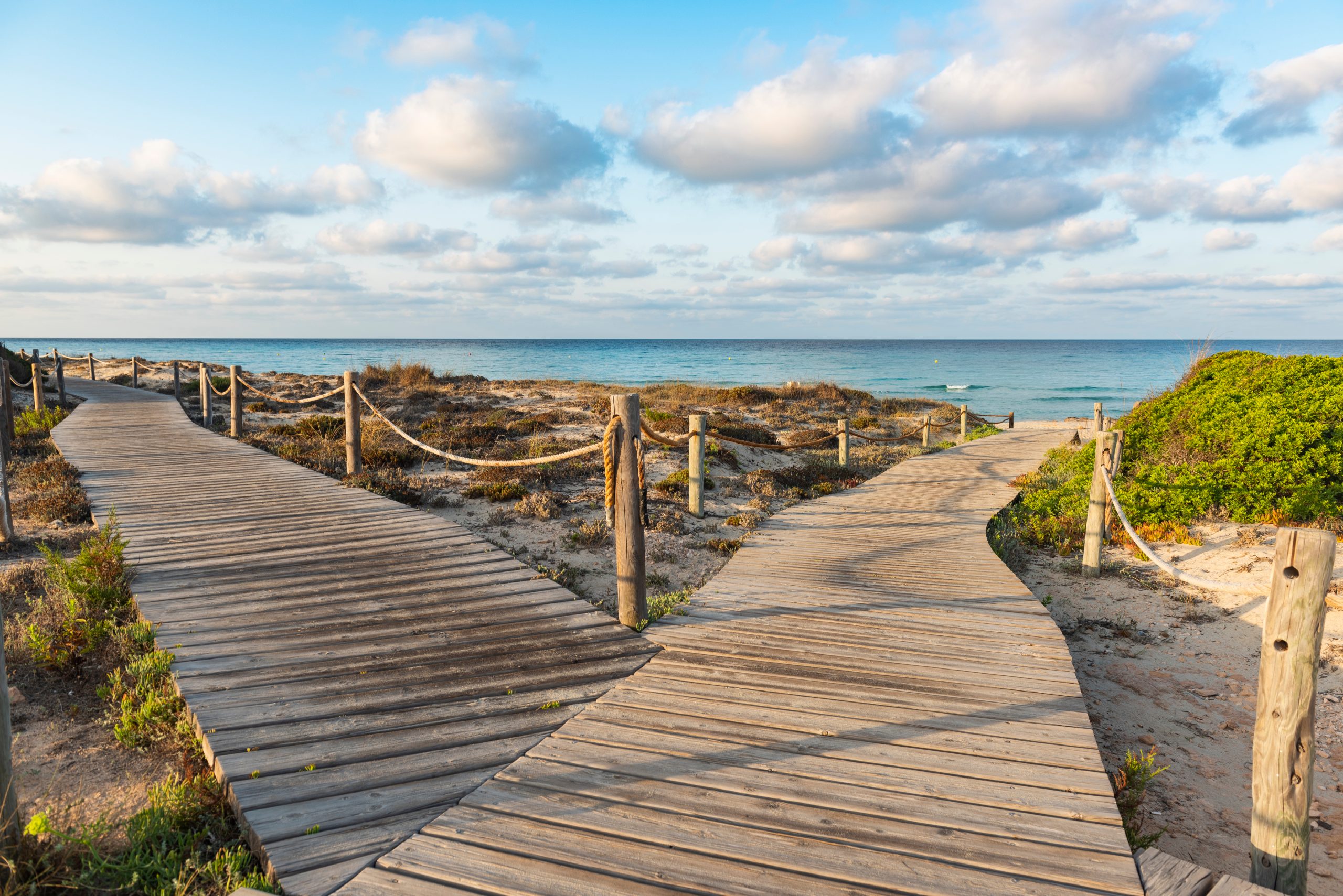 Wooden boardwalks lead to a sandy beach, framed by lush greenery and a serene ocean under a cloudy sky.
