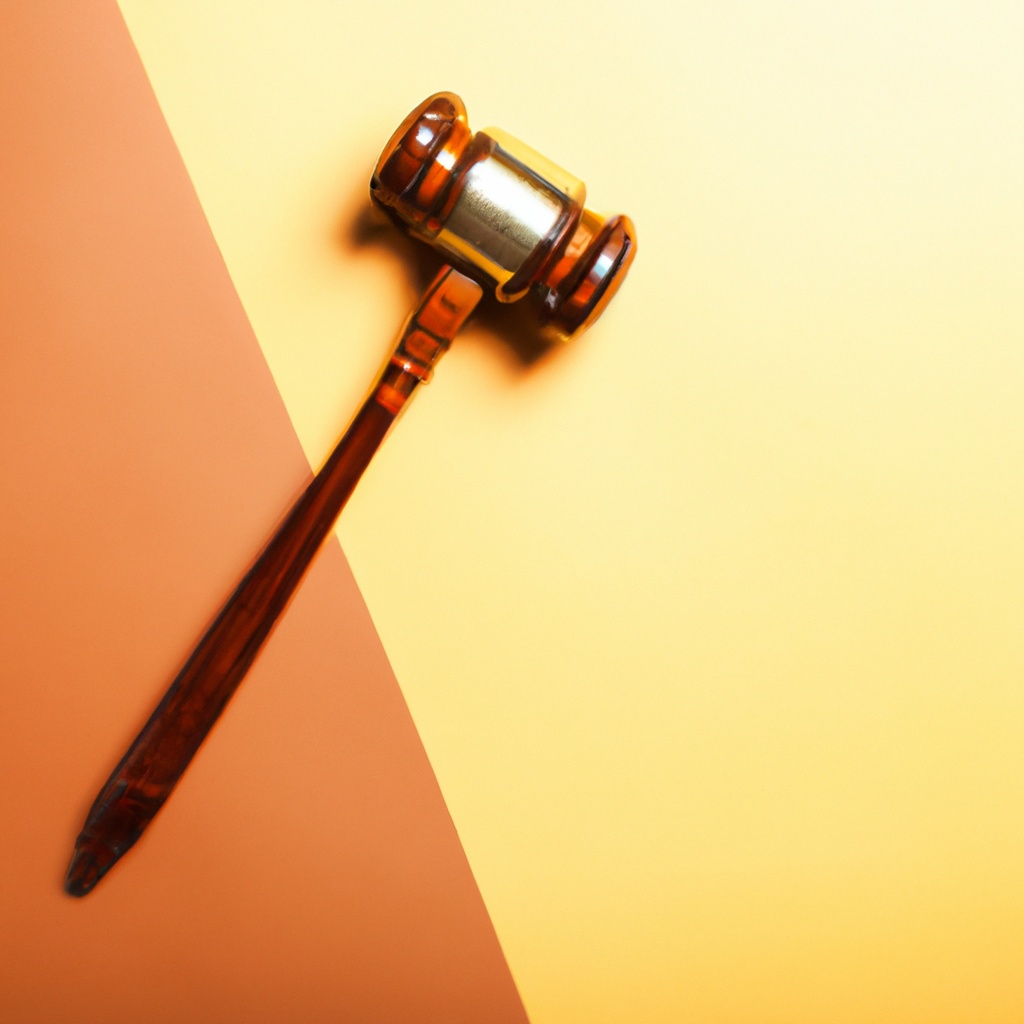 Wooden gavel resting on a split background of warm orange and yellow tones.