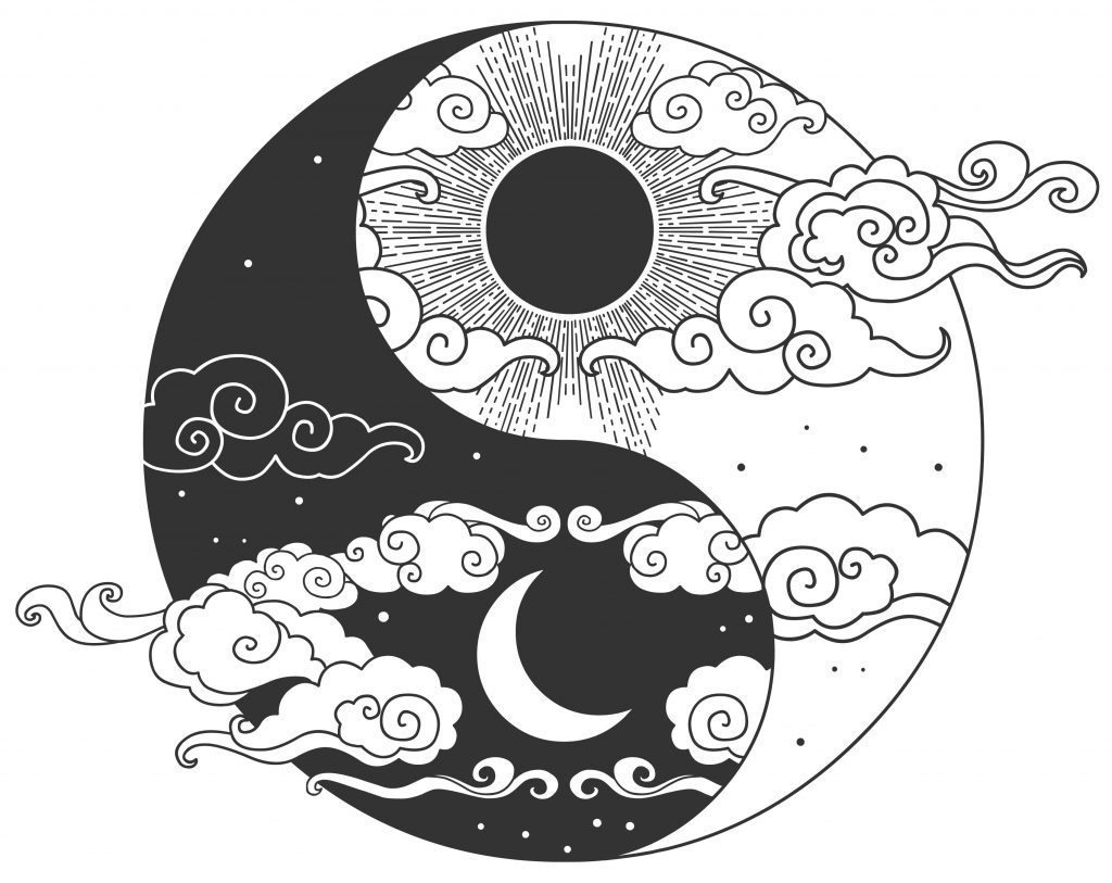 Yin-yang symbol featuring a sun and moon, surrounded by swirling clouds in contrasting black and white.