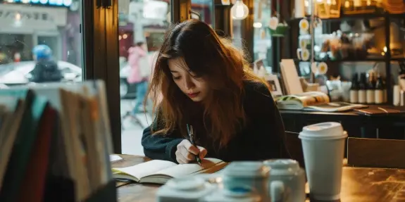 Young woman with long hair writing in a notebook at a cozy café, surrounded by books and warm lighting.